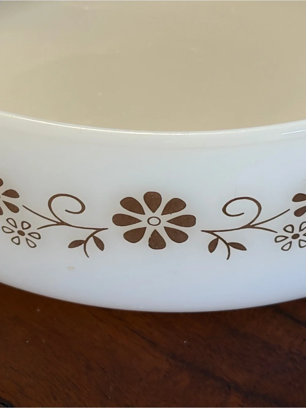 Vintage Dynaware Pyr-o-Rey oven to table milk glass baking dish brown floral